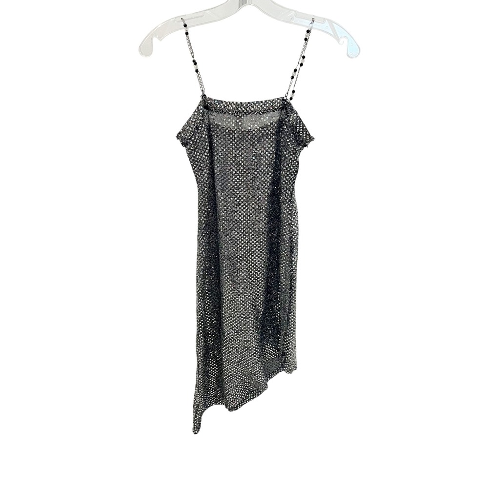 Vintage Misdemeanor Y2K Silver Sequin Asymmetrical Dress Beaded Straps SMALL